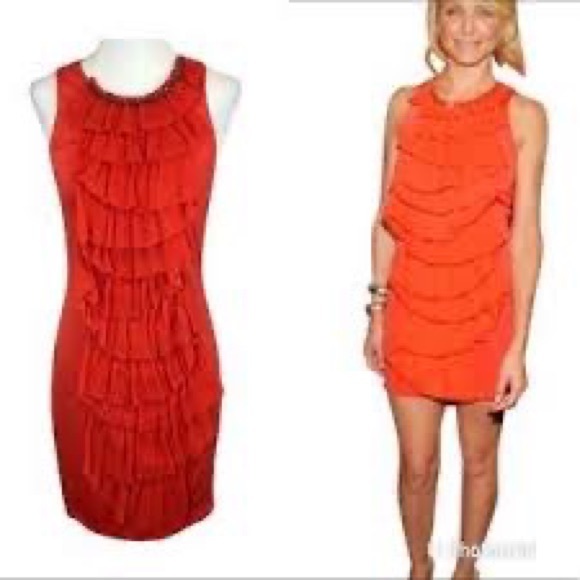 3.1 Phillip Lim Dresses & Skirts - 3.1 Phillip Lim Orange Stretch Knit Chiffon Ruffled Embellished Mini Dress